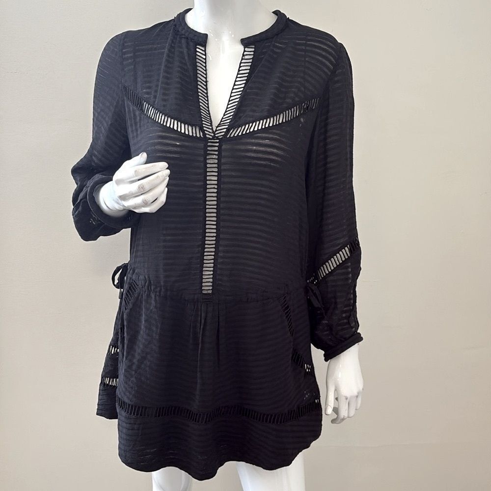 IRO Paris Silk Black Eyelet Long Sleeve Semi Sheer Mini Dress w Drawstring Waist